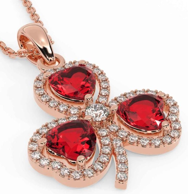 Diamond Ruby Rose Gold Shamrock Necklace