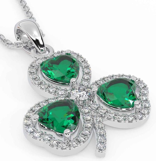 Diamond Emerald Silver Shamrock Necklace