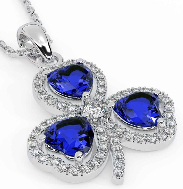 Diamond Sapphire Silver Shamrock Necklace