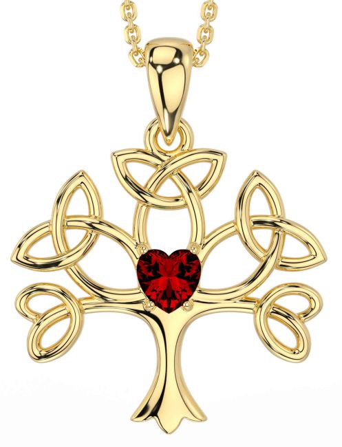 Garnet Gold Silver Celtic Tree of Life Trinity Knot Necklace