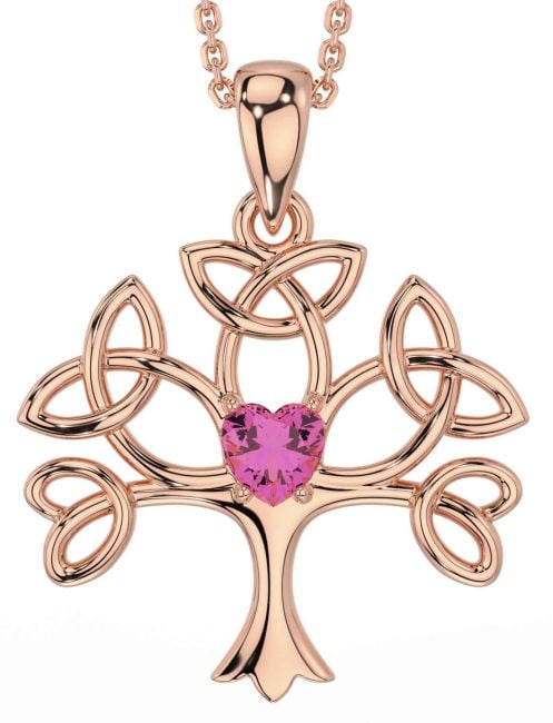 Pink Tourmaline Rose Gold Celtic Tree of Life Trinity Knot Necklace