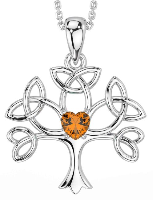 Citrine White Gold Celtic Tree of Life Trinity Knot Necklace