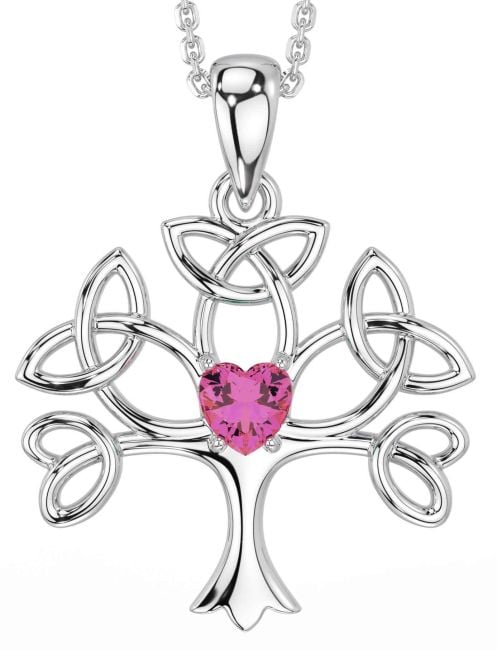 Pink Tourmaline White Gold Celtic Tree of Life Trinity Knot Necklace