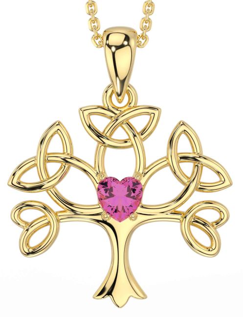 Pink Tourmaline Gold Celtic Tree of Life Trinity Knot Necklace