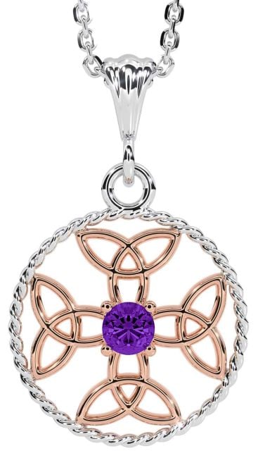 Amethyst Rose Gold Silver Celtic Cross Trinity Knot Necklace