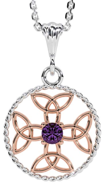 Alexandrite Rose Gold Silver Celtic Cross Trinity Knot Necklace