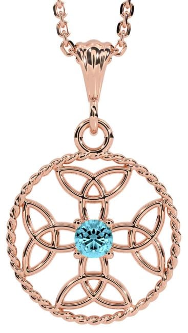 Aquamarine Rose Gold Silver Celtic Cross Trinity Knot Necklace