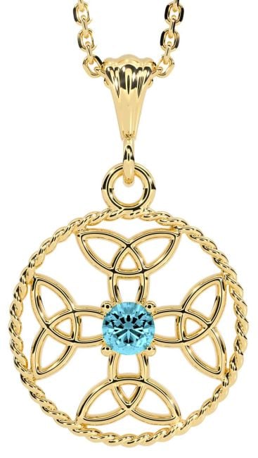 Aquamarine Gold Silver Celtic Cross Trinity Knot Necklace
