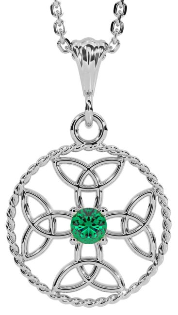 Emerald White Gold Celtic Cross Trinity Knot Necklace