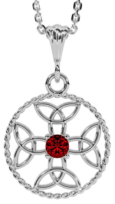 Garnet White Gold Celtic Cross Trinity Knot Necklace