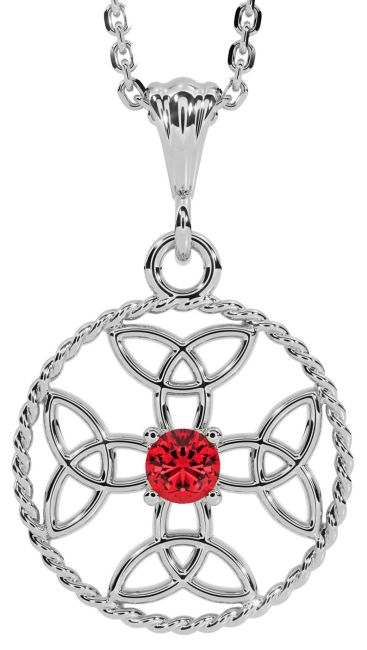 Ruby White Gold Celtic Cross Trinity Knot Necklace