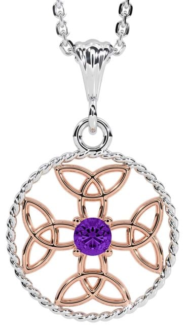Amethyst White Rose Gold Celtic Cross Trinity Knot Necklace