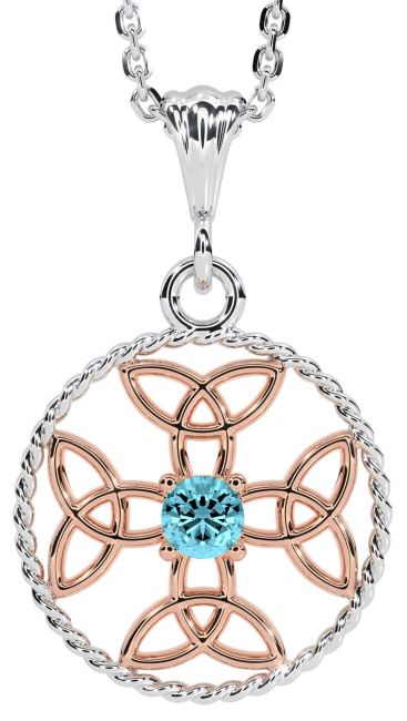 Aquamarine White Rose Gold Celtic Cross Trinity Knot Necklace