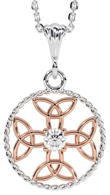 Diamond White Rose Gold Celtic Cross Trinity Knot Necklace