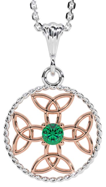 Emerald White Rose Gold Celtic Cross Trinity Knot Necklace