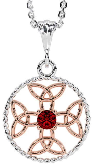 Garnet White Rose Gold Celtic Cross Trinity Knot Necklace