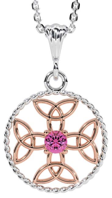 Pink Tourmaline White Rose Gold Celtic Cross Trinity Knot Necklace