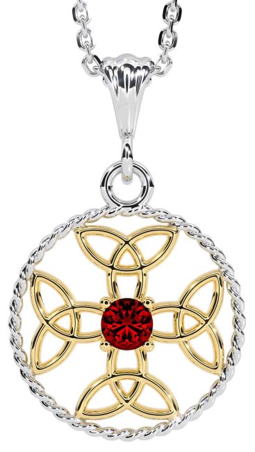 Garnet White Yellow Gold Celtic Cross Trinity Knot Necklace