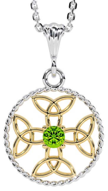 Peridot White Yellow Gold Celtic Cross Trinity Knot Necklace