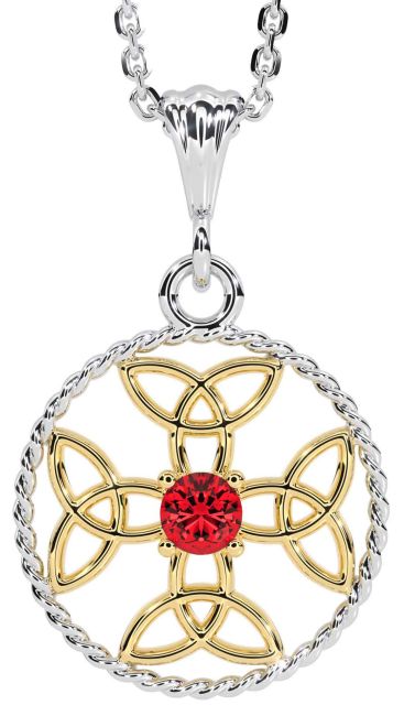 Ruby White Yellow Gold Celtic Cross Trinity Knot Necklace