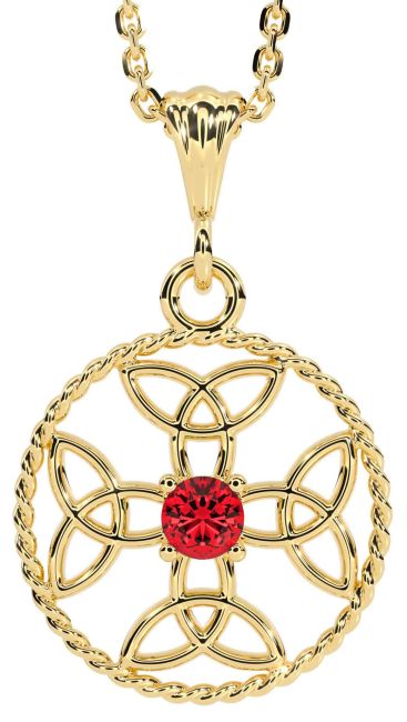 Ruby Gold Celtic Cross Trinity Knot Necklace