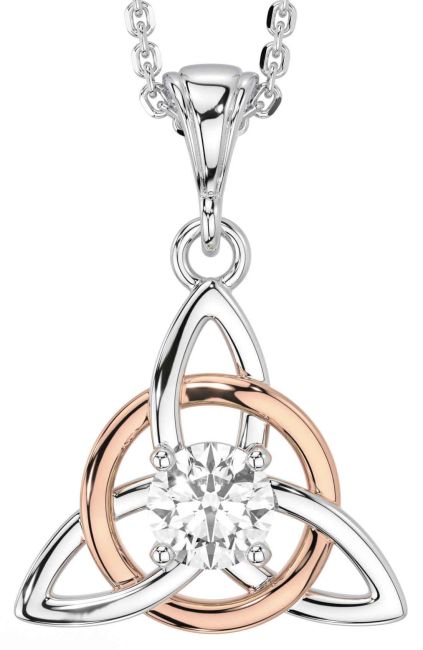 Diamond Rose Gold Silver Celtic Trinity Knot Necklace