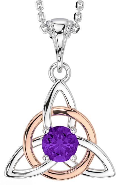 Amethyst White Rose Gold Celtic Trinity Knot Necklace
