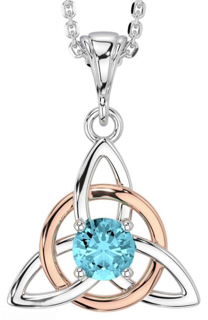 Aquamarine White Rose Gold Celtic Trinity Knot Necklace