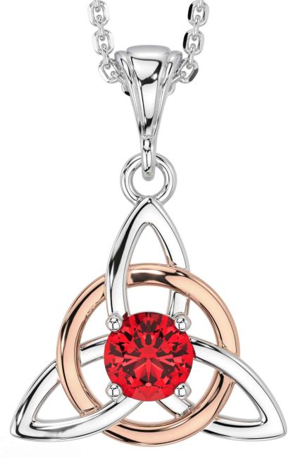 Ruby White Rose Gold Celtic Trinity Knot Necklace