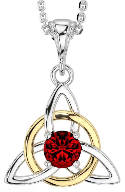 Garnet White Yellow Gold Celtic Trinity Knot Necklace