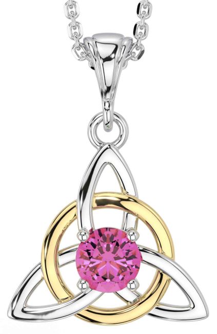 Pink Tourmaline White Yellow Gold Celtic Trinity Knot Necklace