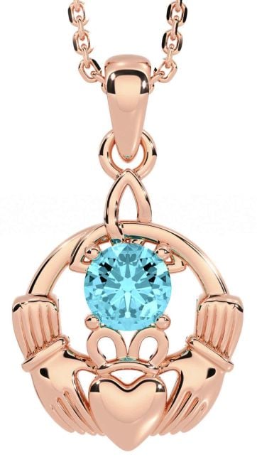 Aquamarine Rose Gold Silver Claddagh Trinity Knot Necklace