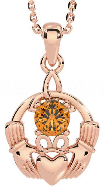 Citrine Rose Gold Silver Claddagh Trinity Knot Necklace