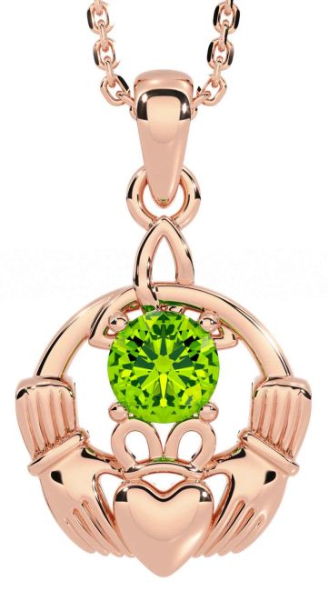 Peridot Rose Gold Silver Claddagh Trinity Knot Necklace