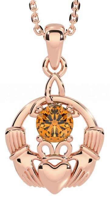 Citrine Rose Gold Claddagh Trinity Knot Necklace