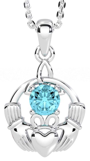 Aquamarine Silver Claddagh Trinity Knot Necklace