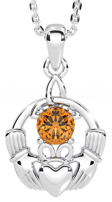 Citrine Silver Claddagh Trinity Knot Necklace