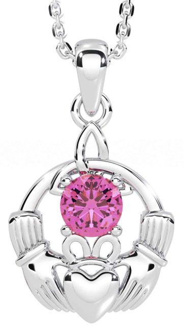 Pink Tourmaline White Gold Claddagh Trinity Knot Necklace