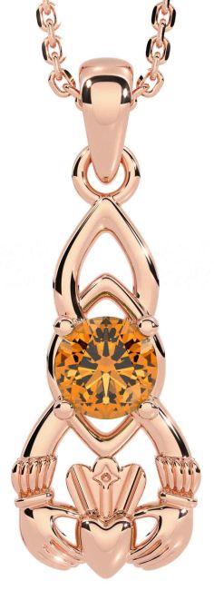 Citrine Rose Gold Silver Claddagh Celtic Necklace
