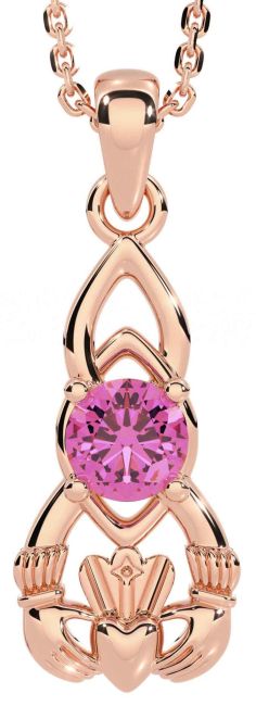 Pink Tourmaline Rose Gold Silver Claddagh Celtic Necklace