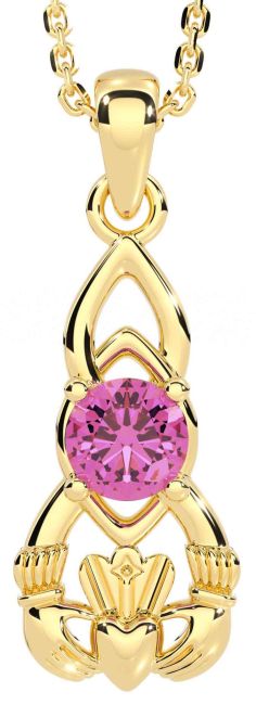 Pink Tourmaline Gold Silver Claddagh Celtic Necklace