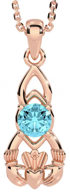 Aquamarine Rose Gold Claddagh Celtic Necklace