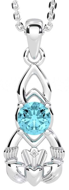 Aquamarine White Gold Claddagh Celtic Necklace