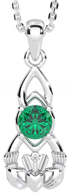 Emerald White Gold Claddagh Celtic Necklace