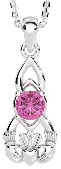 Pink Tourmaline White Gold Claddagh Celtic Necklace