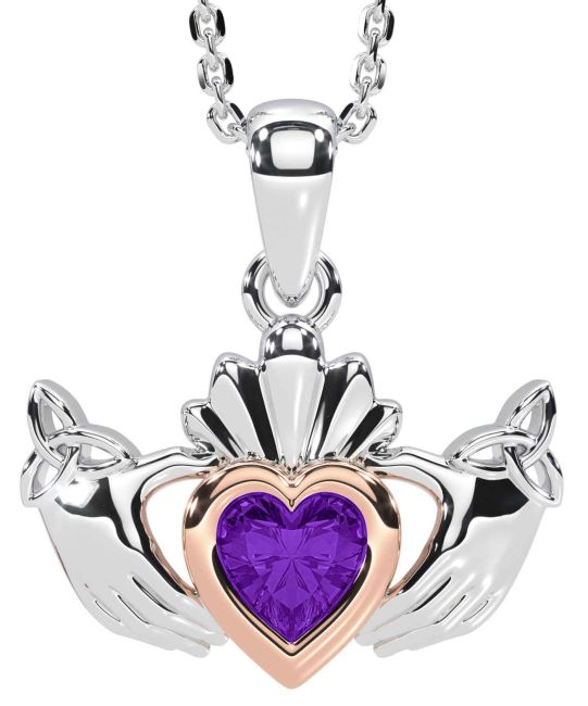 Amethyst Rose Gold Silver Claddagh Trinity Knot Necklace