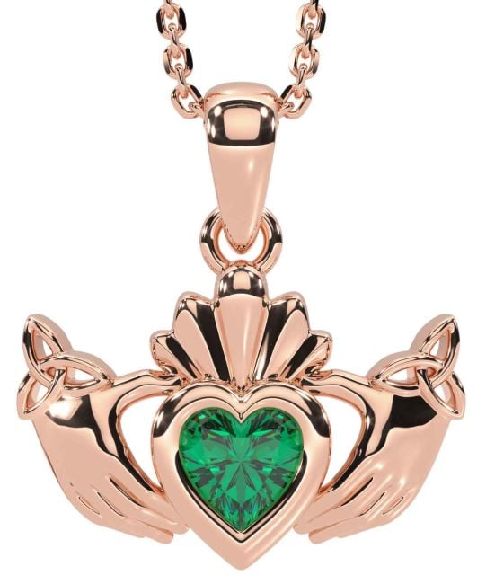Emerald Rose Gold Silver Claddagh Trinity Knot Necklace
