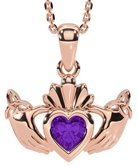 Amethyst Rose Gold Claddagh Trinity Knot Necklace