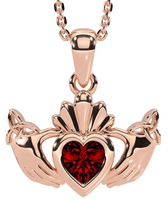 Garnet Rose Gold Claddagh Trinity Knot Necklace