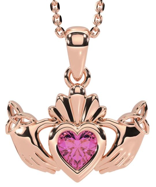 Pink Tourmaline Rose Gold Claddagh Trinity Knot Necklace